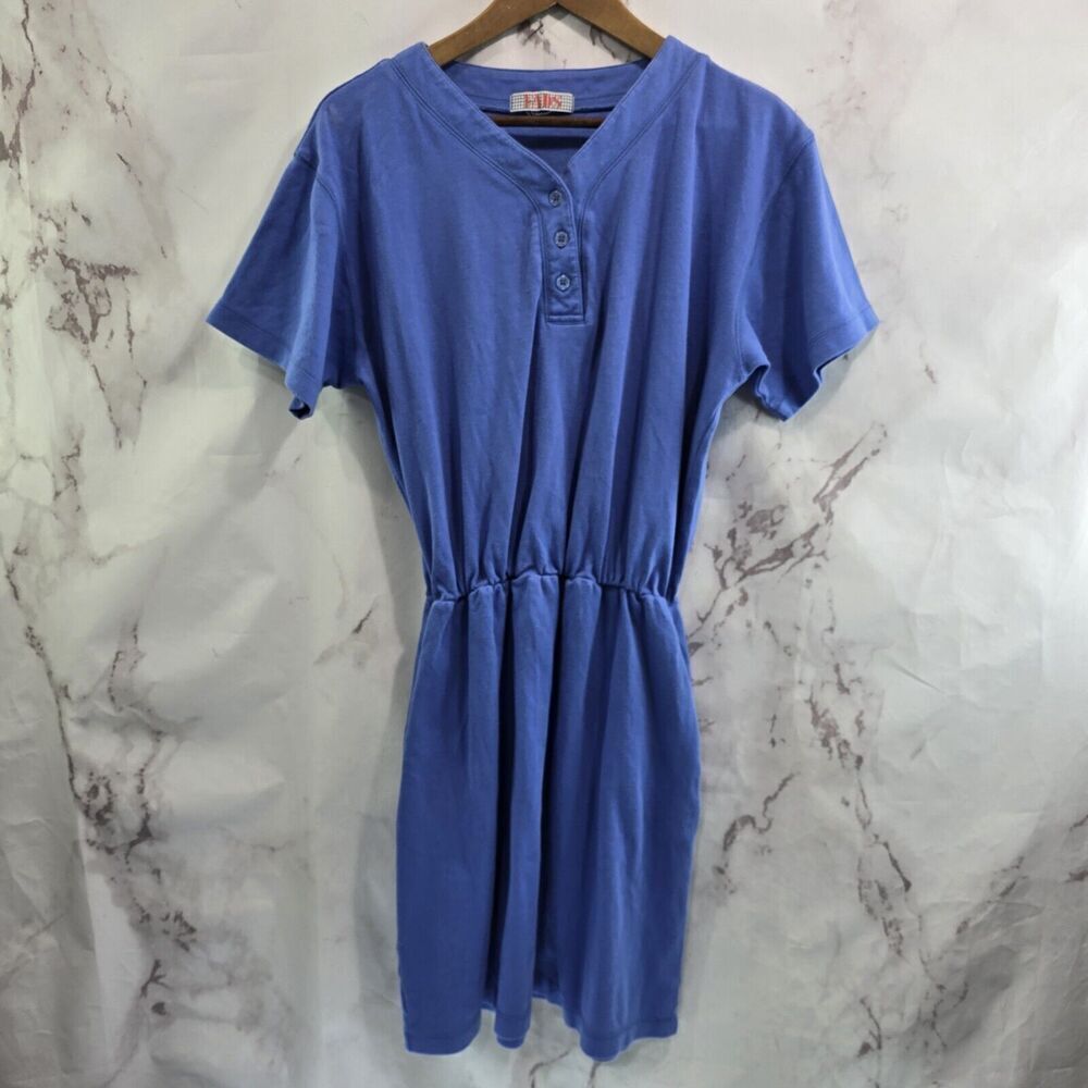 Vintage Dress Womens Medium Blue Henley Notch Pockets Mini 90s 80s Short Sleeve